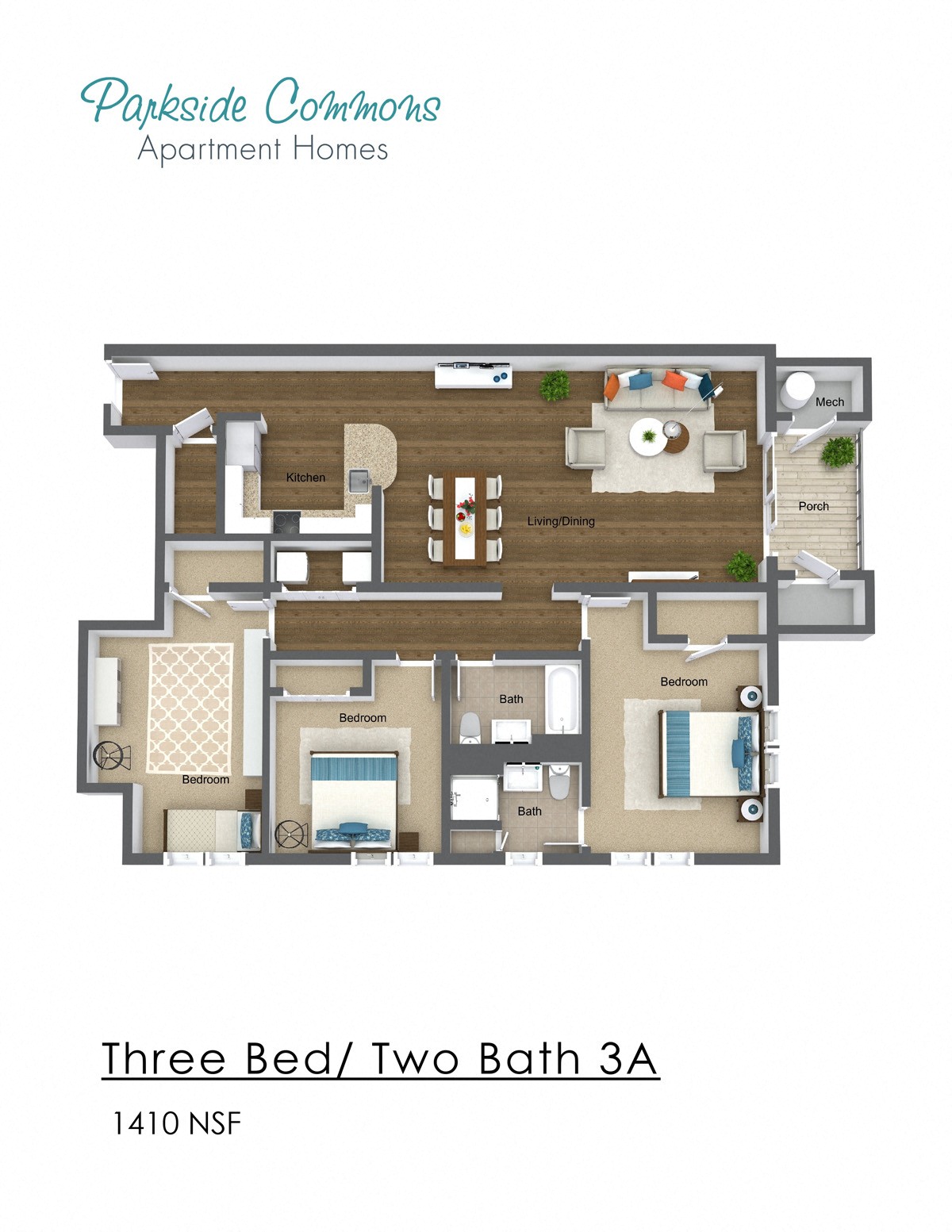 Floor plan for 3 beds, 2 baths, 1410 sqft
